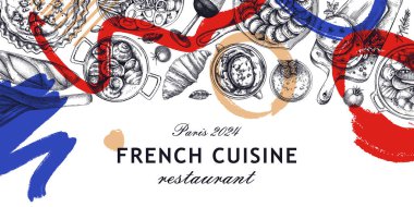 Kolaj tarzı Fransız yemek afişi tasarımı. Klasik yemek ve şarap taslakları. Soyut restoran menü şablonu. Fransa geçmişi. El çizimi vektör çizimi, yapay zeka değil.