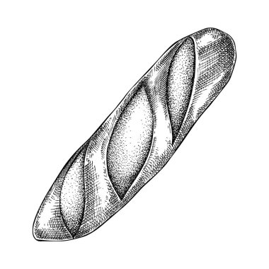 Klasik baget çizimi. Geleneksel Fransız ekmeği skeci. Fransız pastanesi tasarım elemanı. Fransa elle çizilmiş gıda çizimi, yapay zeka değil.