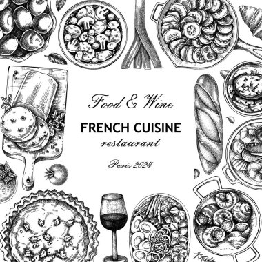 Fransız yemek çerçevesi tasarımı. Klasik yemek ve şarap taslakları. Avrupa restoranının menü şablonu. Fransa geçmişi. El çizimi vektör çizimi, yapay zeka değil.
