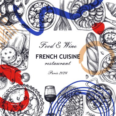 Kolaj tarzı Fransız yemek çerçevesi tasarımı. Moda yemek ve şarap skeçleri. Avrupa restoranının menü şablonu. Fransa geçmişi. El çizimi vektör çizimi, yapay zeka değil.