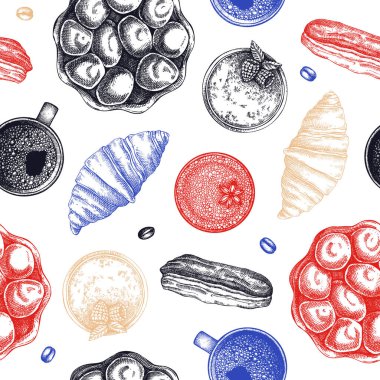 Fransız hamur işleri pürüzsüz. Klasik pastane çizimleri. Avrupa kafe menüsü tasarımı. Fransa geçmişi. El çizimi vektör çizimi, yapay zeka değil.