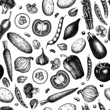 Sebzeler dikişsiz desen. Sağlıklı yemek geçmişi. Vejetaryen yemek tasarımı. El çizimi vektör çizimi. Yapay zeka oluşturulmadı