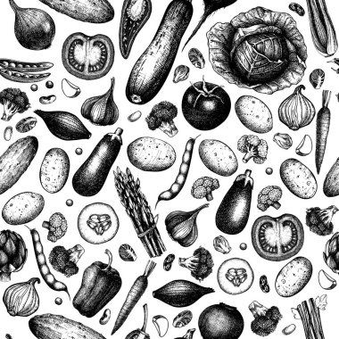 Sebzeler dikişsiz desen. Sağlıklı yemek geçmişi. Vejetaryen yemek tasarımı. El çizimi vektör çizimi. Yapay zeka oluşturulmadı