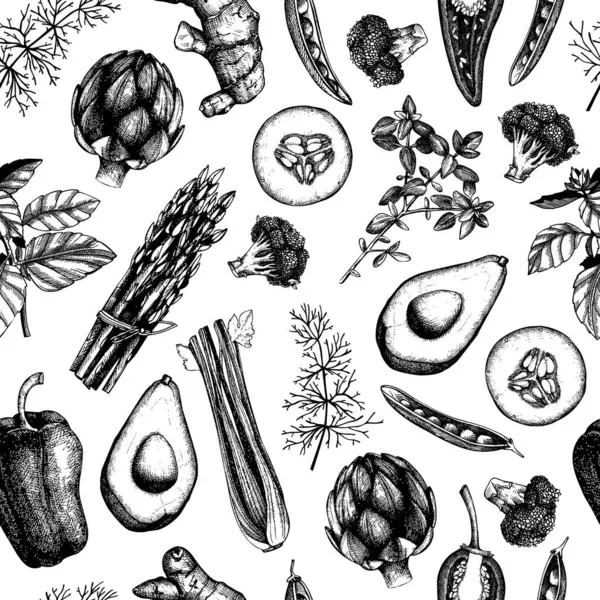 蔬菜无缝图案 健康食品背景 素食设计 手绘矢量图解 非人工智能生成 — 图库矢量图片