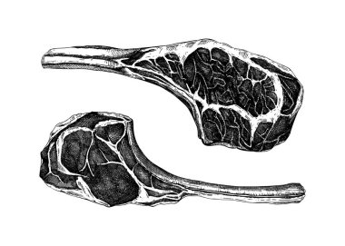 Tomahawk bifteği çizimleri. Vektör et çizimi. Elle çizilmiş yemek çizimleri. Yapay zeka oluşturulmadı