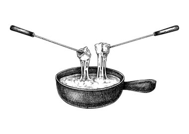 Peynirli fondü skeci. Elle çizilmiş yemek çizimi. Erimiş peynir, vektör çiziminde. Fransız mutfak menüsü tasarım unsuru. Yapay zeka oluşturulmadı