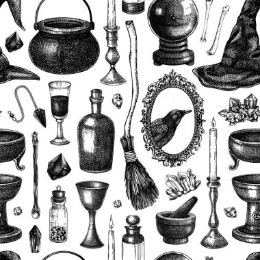 Bohem tarzı cadılık geçmişi. Vinatge Cadılar Bayramı çizimleri. El çizimi vektör çizimi. Cadılık kusursuz desen. Yapay zeka oluşturulmadı