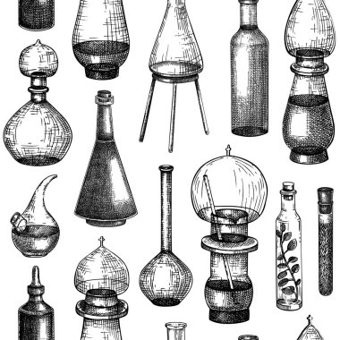 Antika eczacı cam kaplama arka planı. Simya şişeleri pürüzsüz. Parfüm şişeleri, antika kavanozlar. Yapay zeka oluşturulmadı