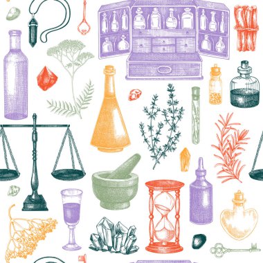 Antika eczacılık geçmişi. Bitkisel tıp elle çizilmiş vektör çizimleri. Simya kusursuz desen. Klasik kimya tasarımı. Yapay zeka oluşturulmadı