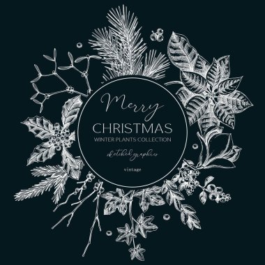 Kış çelengi tasarımı. Noel kartı şablonu. Kozalaklı ağaçlar, kış çiçekleri çizimleri. Tahtaya elle çizilmiş vektör çizimi. Yapay zeka oluşturulmadı