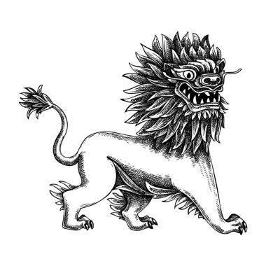Sihirli aslanın Çin usulü vektör çizimi. Elle çizilmiş fantastik hayvan karakteri çizimi. Yapay zeka oluşturulmadı
