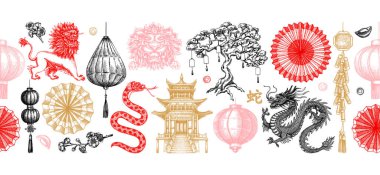 Çin Yeni Yıl dekorasyonu. Tahtada Çin 'in kusursuz sınırı var. Oluşturulmamış