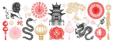 Geleneksel Çin çizimleri seti. Çin Yeni Yıl dekorasyonu. El çizimi vektör çizimleri. Yapay zeka oluşturulmadı