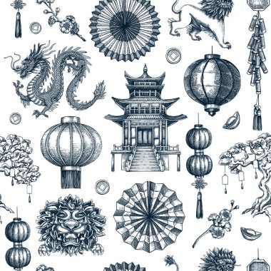 Geleneksel Çin kusursuz desen. Çin Yeni Yıl arka planı. El çizimi vektör çizimleri. Yapay zeka oluşturulmadı