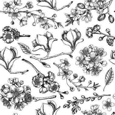 Yay vektörü arka planı. Çiçekli şubelerin çizimleri. El yapımı botanik çizimi. Çiçeksiz desen. Yapay zeka oluşturulmadı