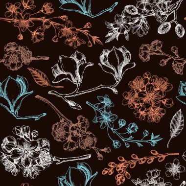 Yay vektörü arka planı. Çiçekli şubelerin çizimleri. El yapımı botanik çizimi. Çiçeksiz desen. Yapay zeka oluşturulmadı