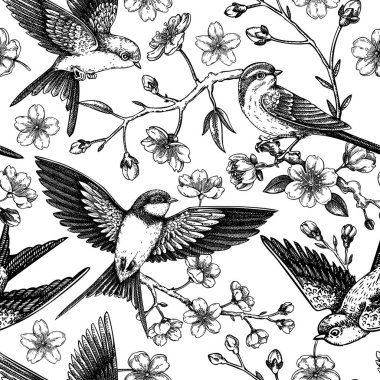 Yay pürüzsüz desen. Sakura çiçeği arkaplanı. Kiraz çiçeği, uçan kuşlar çizim yapıyor. Yapay zeka oluşturulmadı