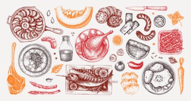 Çiftlik yiyecekleri el çizimi vektör çizimleri. Rustik mutfak gravürleri. Aile yemeği tasarımı. Yapay zeka oluşturulmadı.