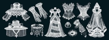 Viktorya dönemi kıyafetleri karatahtaya elle çizilmiş vektör çizimleri. Romantik gotik moda tasarımları. Cadılar Bayramı elbiseleri ve aksesuarları. Tarihi kostüm elementleri. Yapay zeka oluşturulmadı