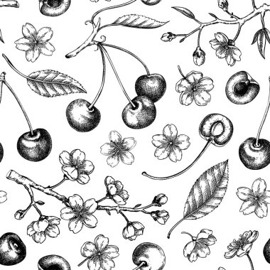 Kirazsız desen. Klasik bahar arkaplanı. El çizimi vektör çizimi. İşlemeli Sakura çiçekleri. Yapay zeka oluşturulmamış Vektör illüstrasyonu.