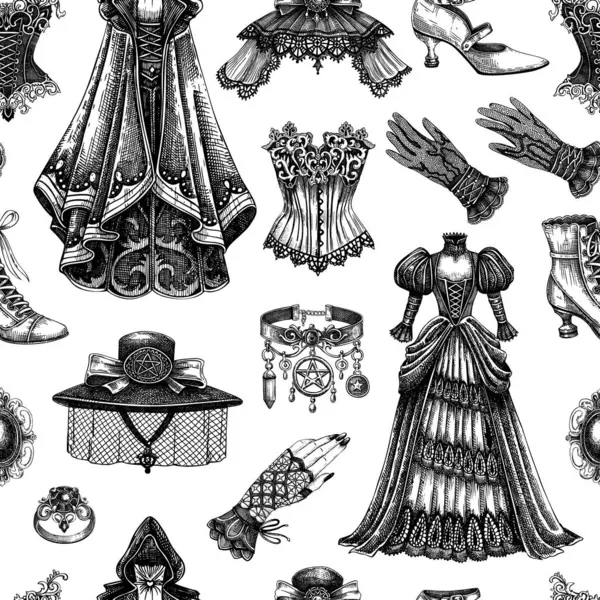 Gotik moda el yapımı vektör çizimleri. Viktorya dönemi kıyafet tasarımları. İşlenmiş Cadılar Bayramı elbiseleri ve aksesuarları. Tarihi kostüm elementleri. Yapay zeka oluşturulmamış Vektör illüstrasyonu.