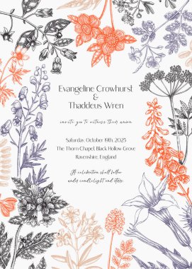 Zehirli bitkiler elle çizilmiş vektör çizimleri. Gotik düğün davetiyesi tasarım şablonu. Büyücülük, cadı şifalı bitkiler. Yapay zeka oluşturulmamış Vektör illüstrasyonu.