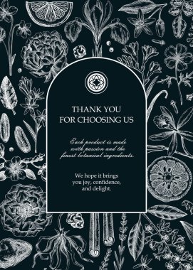 Botanik tebrik kartı şablonu. Eski parfüm ve kozmetik çerçeve tasarımı tahtada. El çizimi vektör çizimi. Aromatik bitkiler ve çiçek çizimleri. Yapay zeka oluşturulmamış Vektör illüstrasyonu.