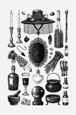 Boho büyücülük poster şablonu. Klasik Cadılar Bayramı geçmişi. Cadı eskizleri. Parmak izi için elle çizilmiş vektör çizimi. Viktorya dönemi moda duvarı sanatı. Yapay zeka oluşturulmamış Vektör illüstrasyonu.