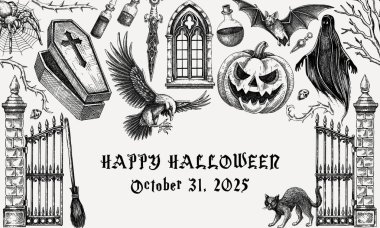 Klasik Cadılar Bayramı geçmişi. El çizimi vektör çizimi. Cementery, canavarlar, balkabağı kafası çizimleri. Gotik çerçeve tasarımı. Yapay zeka oluşturulmamış Vektör illüstrasyonu.