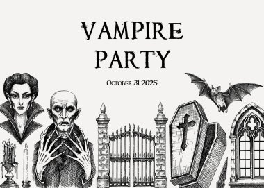 Vampir partisi davetiye tasarımı. Cadılar Bayramı el çizimi vektör çizimi. Gotik bir geçmişi var. Yapay zeka oluşturulmamış Vektör illüstrasyonu.