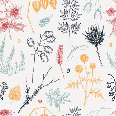 Sketch style fall leaves background. Dried flowers and autumn plants seamless pattern. Hand drawn vector illustration. NOT AI generated  Vector illustration.