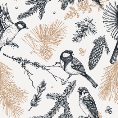 Winter forest seamless pattern. Christmas background. Bird sketches. Hand-drawn vector background. NOT AI generated Vector illustration.