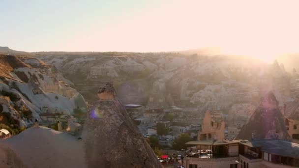Sun Setting Goreme Nevsehir Turkiye Cappadocia Sunset Panning View Town — Stock Video