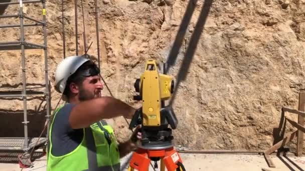 Geodetic Topographic Works Construction Site Land Surveyor Doing Measurements Total — Stock Video