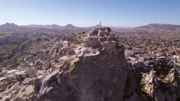 Krajobraz Kapadocji Okrągły Widok Lotu Ptaka Zamek Uchisar Kominy Bajkowe — Wideo stockowe