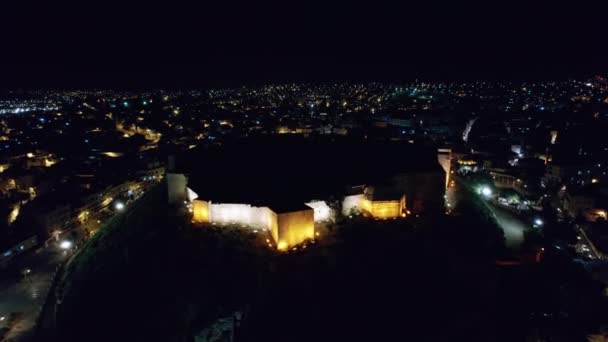 Illuminated Gaziantep Castle Night City Lights Aerial View — Stock Video