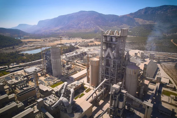 Huge Cement Producing Plant Aerial View Silos Towers Pipes Other — Stock Photo, Image
