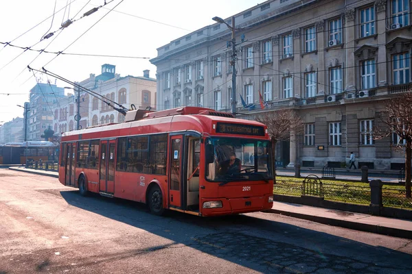 Old Red Trolley Bus Parked Student Square Belgrade Serbia February — Stock Photo, Image