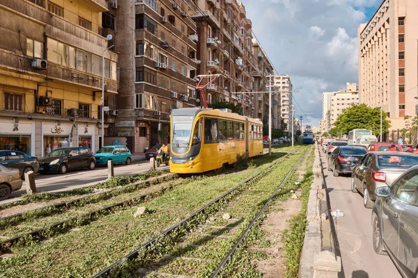Modern Yellow Tram Driving Tram Line Alexandria Egypt March 2023 — Stock Photo, Image