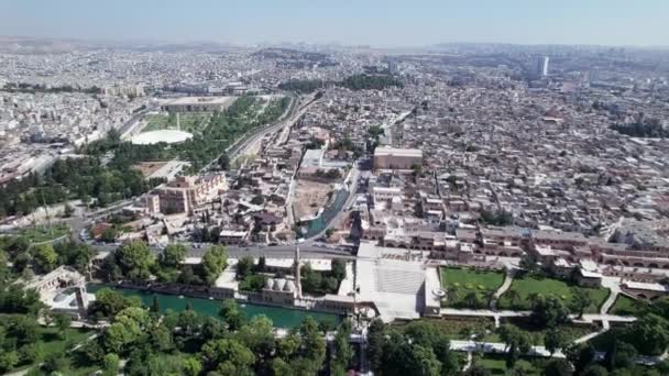 Aerial View Sanliurfa Castle Rooftops Park Balikligol Mevlidi Halil Mosque — Stok Video