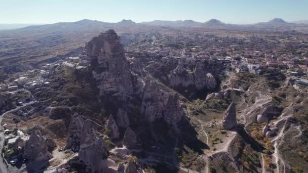 Krajobraz Kapadocji Panoramiczny Widok Lotu Ptaka Skałę Zamkową Uchisar Kominy — Wideo stockowe