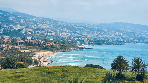 Stock image Splashing waves on Byblos beach. View of Jbeil Mediterranean coastline, Lebanon