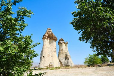 Pasa Baglari Müzesi 'ndeki peri bacaları ve Kapadokya' daki harabeler. UNESCO Dünya Mirası sitesi. Nevsehir, Türkiye