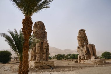 Memnon Heykeli, Amenhotep III 'ün yıkılmış Morg Tapınağı' nın önünde duran Firavun Amenhotep III 'ün iki büyük taş heykeli. Nil Nehri 'nin batı yakası, Lüksör, Mısır