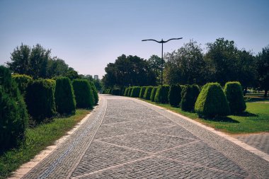 Eğri asfalt kaldırım yolu düzgün döşenmiş çitler ve yemyeşil çimlerle çevrili iyi bakımlı parktan geçer. Yol taştan ya da tuğladan yapılmış, geometrik desende düzenlenmiş.