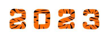 Year of the Tiger 2023. Cheerful inscription of orange numbers with black stripes like the skin of a tige