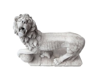 A marble lion with a lush mane and an open mouth stands on a pedestal isolated on a white background. Left front paw rests on the bal