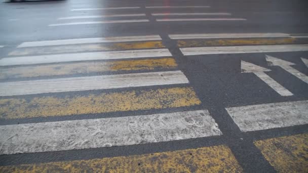 Wet Asphalt Markings Pedestrian Crossing Erased Cars Drive Yellow White — Stock Video