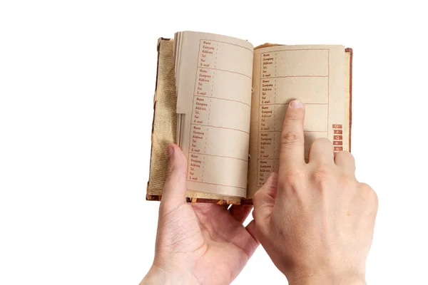 Right Hand Man Points His Index Finger Page Middle Notebook — Stock Photo, Image