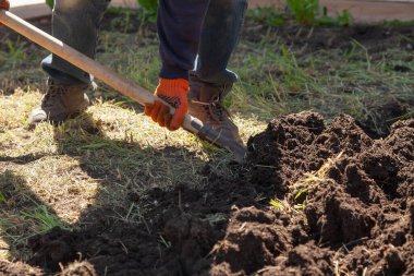 Kot pantolonlu bir adam kürekle toprağı kazıyor. Kuru otlar homurdanıyor